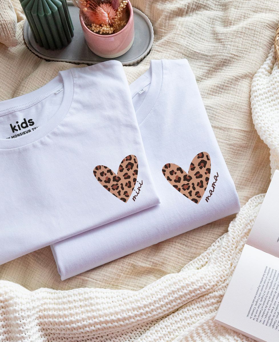 Box Duo T-Shirts Frau/Kind Herz Leopard personalisiert