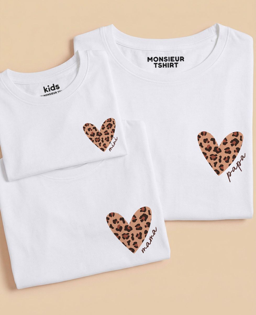 Coffret Trio de T-shirts Coeur léopard Papa/Mama/Mini personnalisé - Cadeaux Papa, Cadeaux Maman, Future Maman