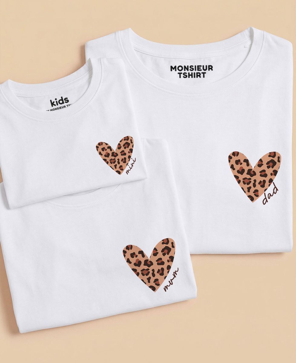 Box Trio of personalized Dad/Mama/Mini leopard heart T-shirts - Gifts for Dad, Mom's gifts, Mom/Dad-to-be