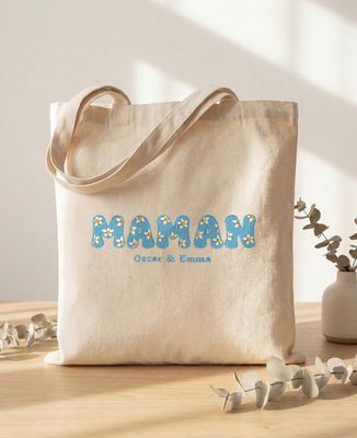 Tote bag Maman brodé fleurs et prénoms des enfants - Cadeaux Maman, Future Maman