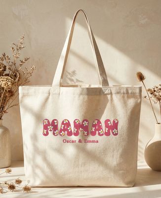 Maxi tote bag Maman brodé fleurs et prénoms des enfants - Cadeaux Maman, Future Maman