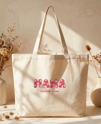 Maxi Tote Bags Mama bestickte Blumen und Namen der Kinder - Geschenke Mama, Werdende Mutter/Vater