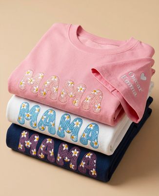 T-Shirt Frau Mama bestickte Blumen und Namen der Kinder - Geschenke Mama, Werdende Mutter/Vater