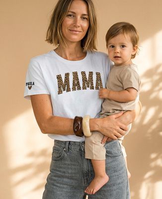 Women's T-Shirt Mama college leopard and first name sleeve - Mom's gifts, Mom/Dad-to-be