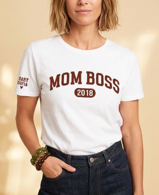 Women's T-Shirt MOM BOSS since Date and first names on sleeve (velvet effect) - Mom's gifts, Mom/Dad-to-be