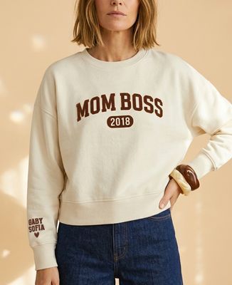 Women's sweatshirt MOM BOSS since Date and first names on sleeve (velvet effect) - Mom's gifts, Mom/Dad-to-be