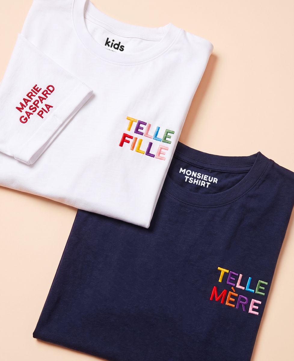 Coffret Duo Tshirts Telle mère telle fille multicolore brodé et prénoms sur la manche - Cadeaux Maman, Future Maman