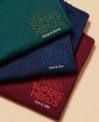 T-shirt homme Mon supère héros avec prénoms personnalisés brodés - Cadeaux Papa