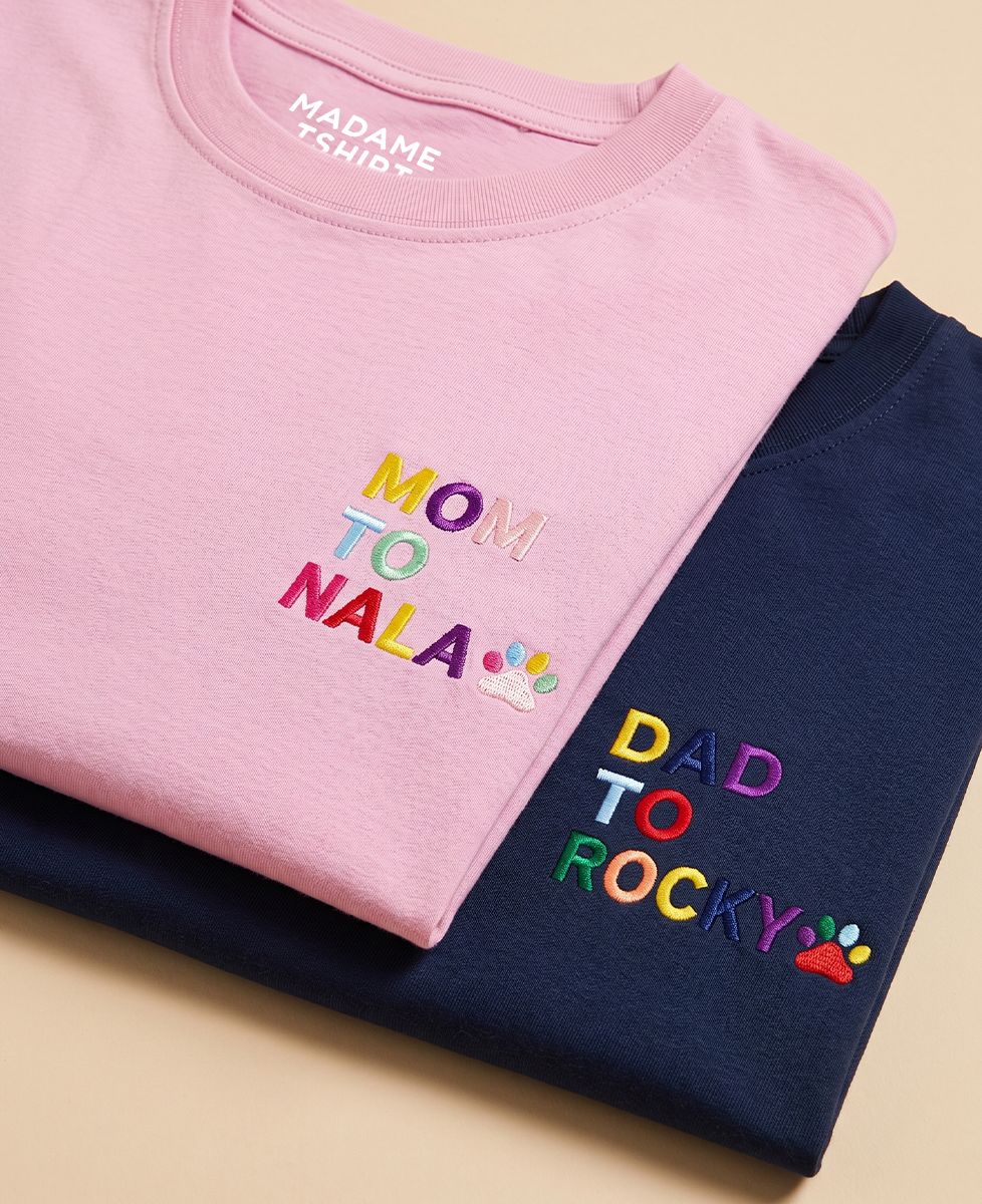 Box Duo Tshirts Mom / Dad animal name with embroidered paw - Gifts for Dad, Mom's gifts, Animals