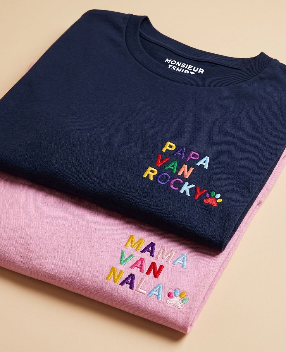 Doos Paar mama/papa Tshirts met geborduurde poot - Geschenken voor papa, Geschenken voor mama, Dieren