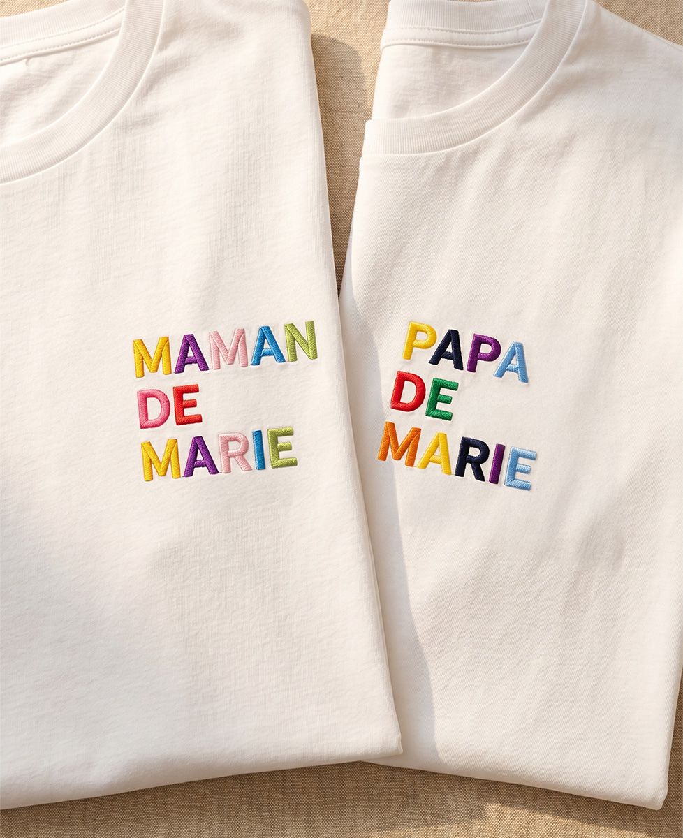 Coffret Duo T-shirts Papa/Maman de prénoms multicolore brodé - Cadeaux Papa, Cadeaux Maman