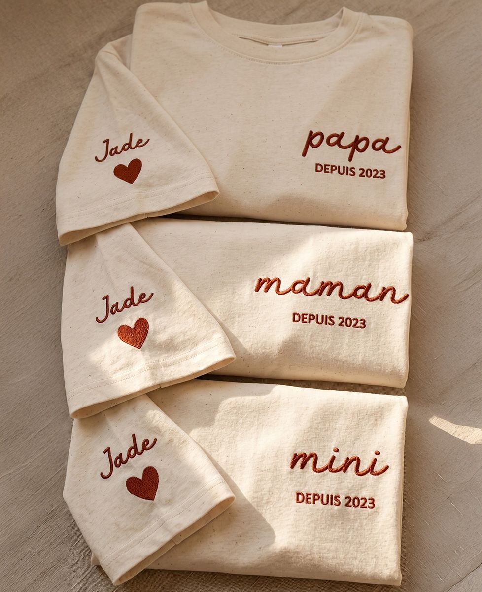 Coffret Trio T-shirts Papa/Maman/Mini depuis date brodé - Cadeaux Papa, Cadeaux Maman