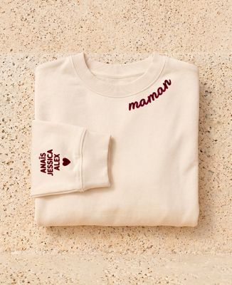 Sweatshirt femme Maman sur le col et prénoms sur la manche (effet velours) - Cadeaux Papa, Cadeaux Maman, Future Maman