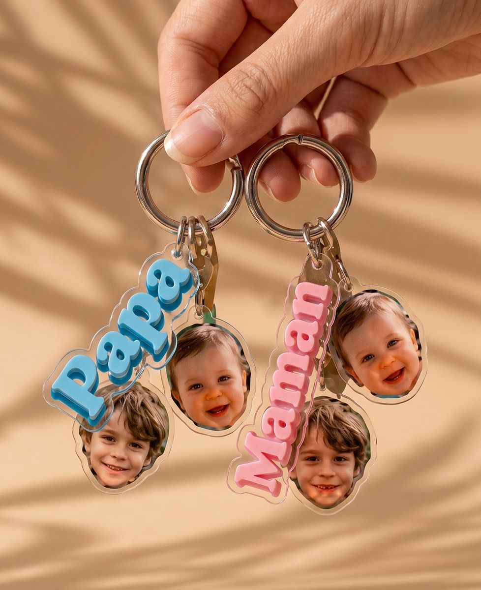 Coffret Duo Porte-clés Papa / Maman et visage des enfants - Cadeaux Papa, Cadeaux Maman
