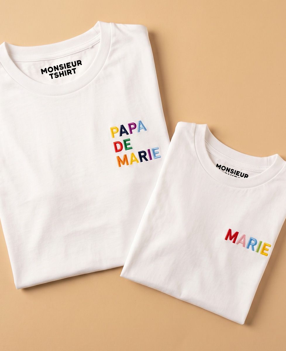 Box T-Shirt-Duo Erwachsene + Kind Papa mit mehrfarbigem Namen