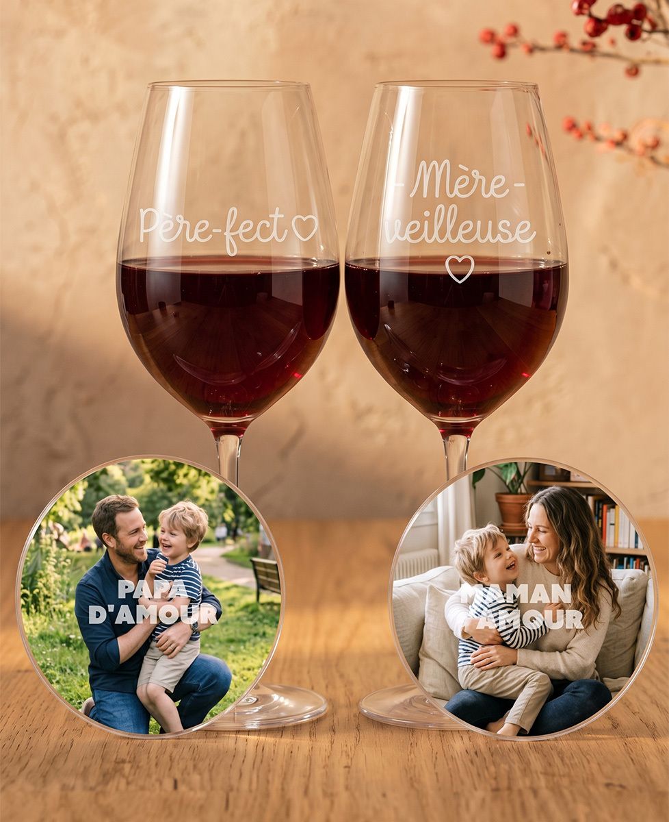 Coffret 2 verres gravés Père-fect & Mère-veilleuse + 2 sous-verre Plexiglass photo et texte personnalisé - Cadeaux Papa, Cadeaux Maman