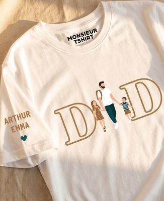 T-shirt homme DAD illustré et prénoms sur la manche - Cadeaux Papa