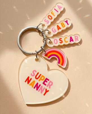 Key ring Super nanny Rainbow heart and names keyring