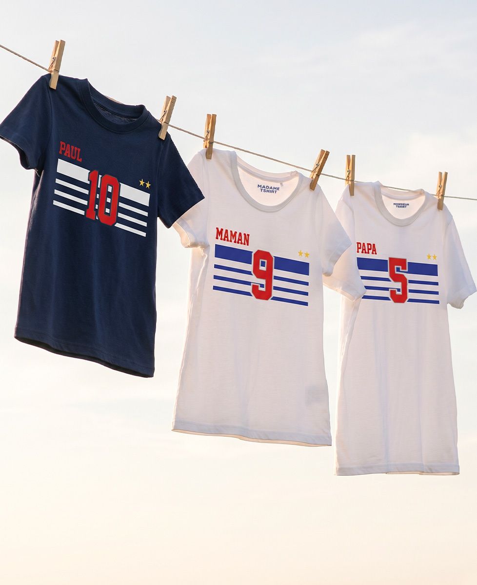 Coffret Trio T-shirts Papa/Maman/Mini Supporter France 2026 personnalisé - Sport, Cadeaux Papa, Cadeaux Maman, Football