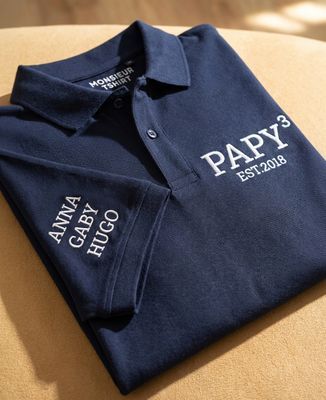 Polo homme Papy exposant et prénoms personnalisés sur la manche - Cadeaux Papy
