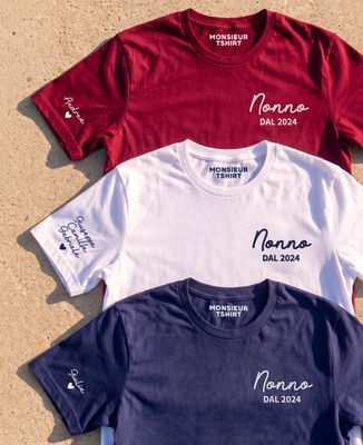 T-shirt per lui Nonno dalla data ricamata sul cuore e nomi sulla manica - Regali per la mamma, Regali per il nonno, Regali per la nonna