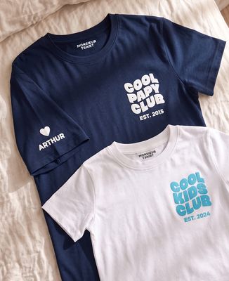 Duo T-shirts Cool Papy club/Cool kids club avec date personnalisé (Effet velours)
