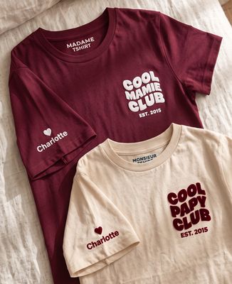 Duo T-shirts Cool Papy club/Cool Mamie club avec date personnalisé (Effet velours)