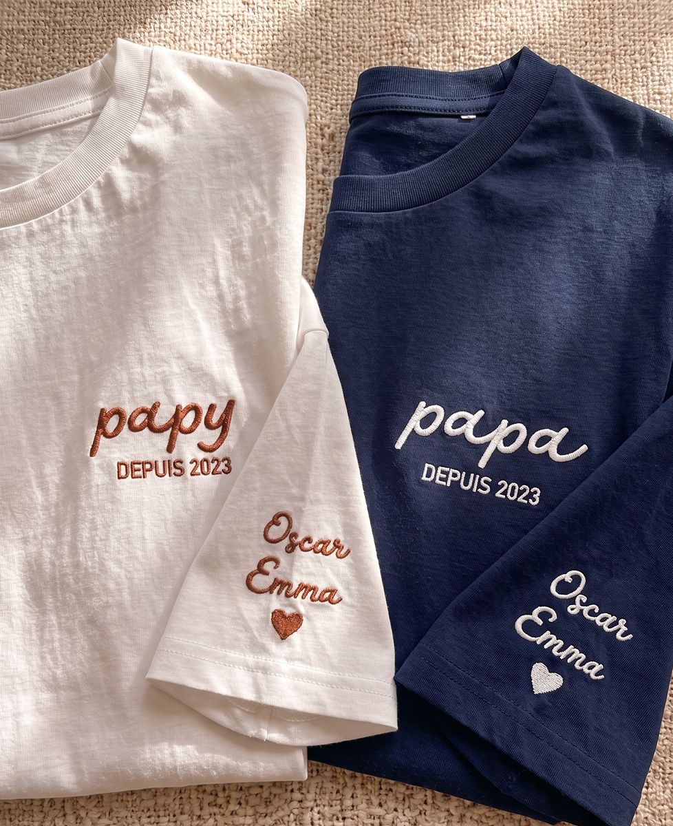 Coffret Duo T-shirts Papy/Papa depuis date brodé - Cadeaux Papa, Cadeaux Papy