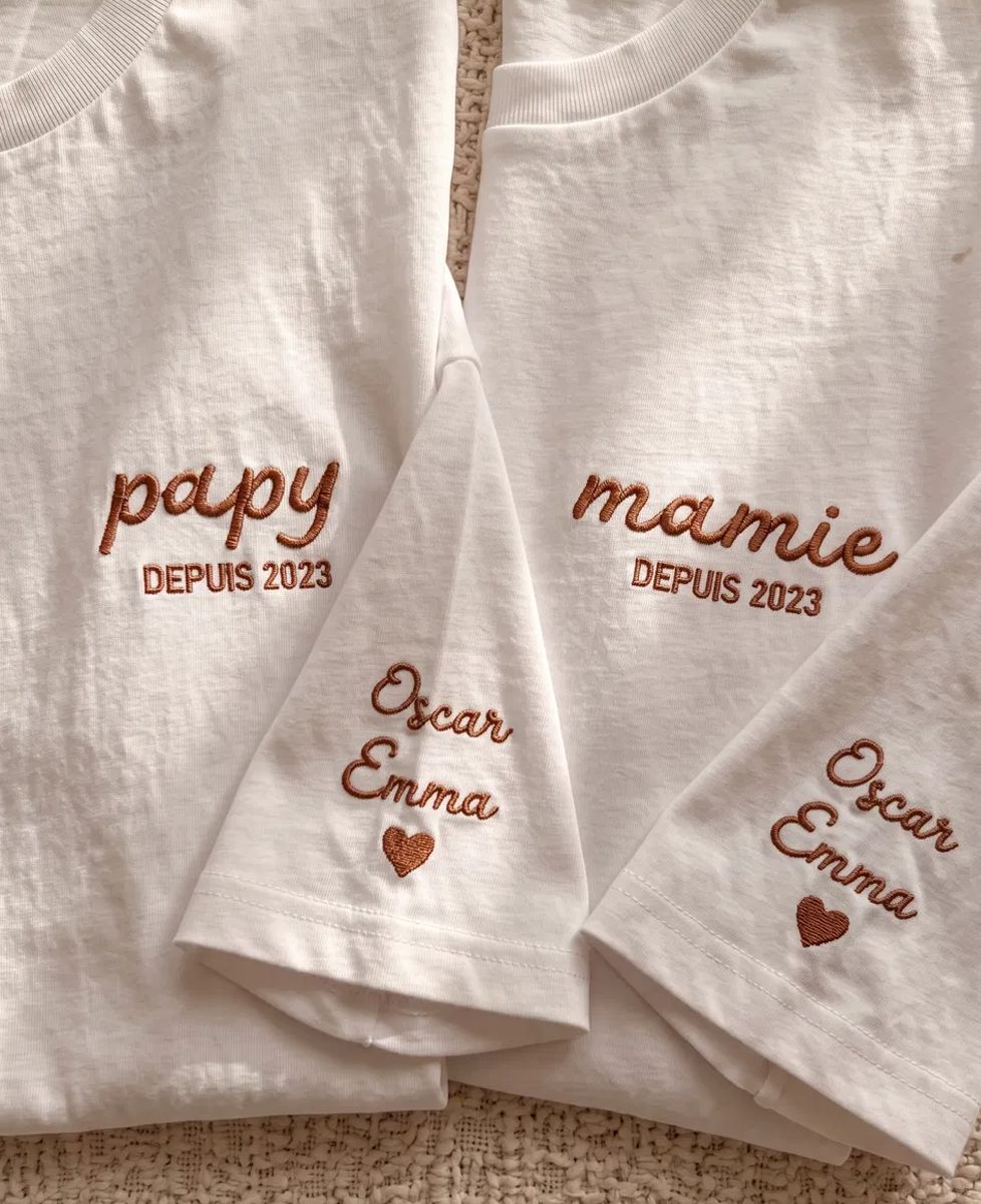 Coffret Duo T-shirts Papy/Mamie depuis date brodé - Cadeaux Papy, Cadeaux Mamie