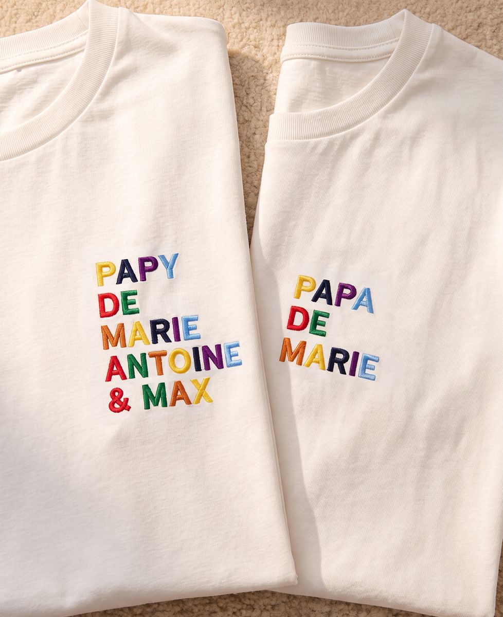 Coffret Duo T-shirts Papy/Papa de prénoms multicolores brodé - Cadeaux Papa, Cadeaux Papy