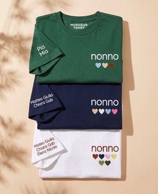T-shirt per lui Nonno con un cuore ricamato da un bambino e i nomi sulle maniche - Regali per il nonno