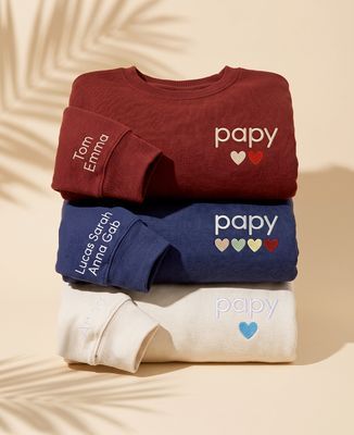 Sweatshirt homme Papy avec coeurs brodés par enfant et prénoms sur la manche - Cadeaux Papy