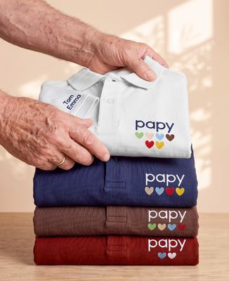 Polo homme Papy avec coeurs brodés par enfant et prénoms sur la manche - Cadeaux Papy