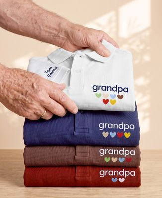 Men's polo shirt Grandpa shirt with hearts embroidered by children and first names on the sleeve - Papy's gift