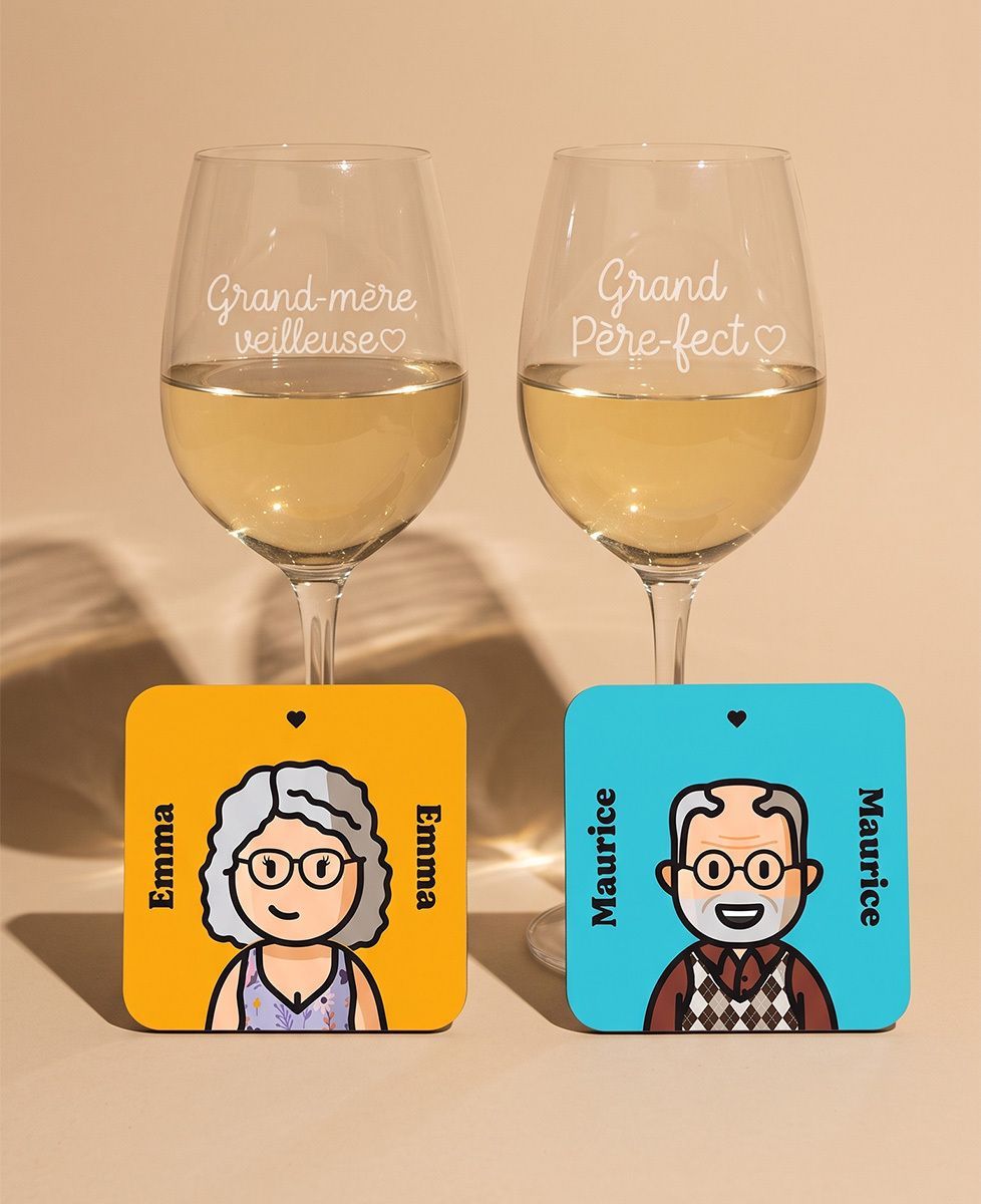 Coffret 2 verres à vin Grand père-fect et Grand mère-veilleuse + 2 dessous de verre figurine - Apéro, Cadeaux Papy