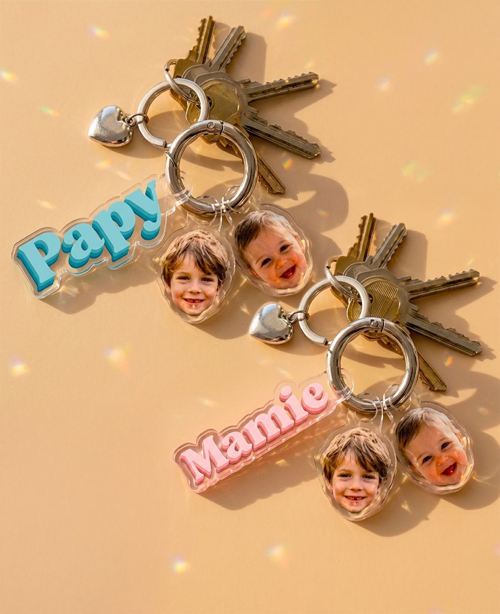 Coffret Duo Porte-clés Papy / Mamie et visage des enfants - Cadeaux Papy, Cadeaux Mamie