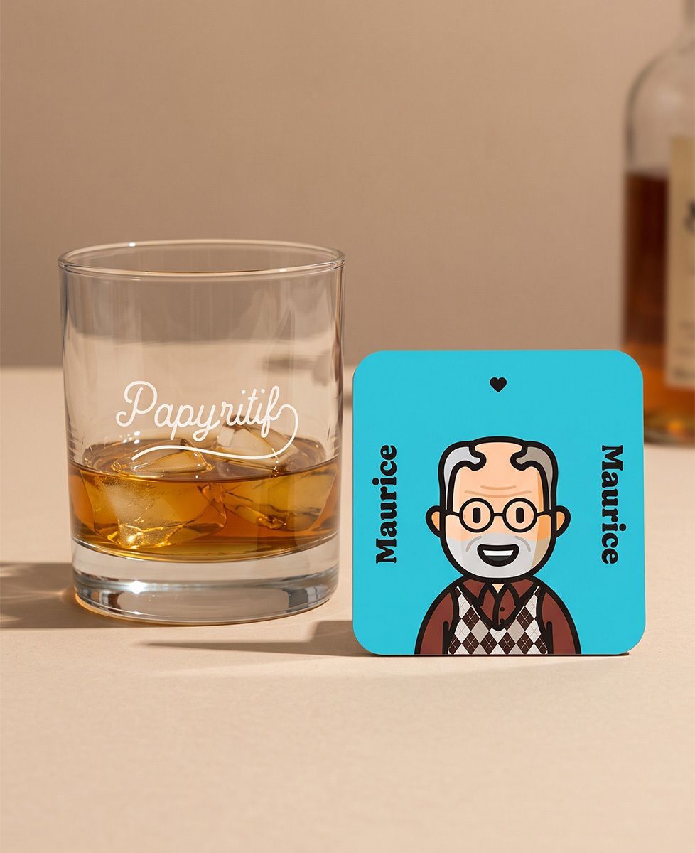 Coffret Verre Papyritif gravé et 1 figurine personnalisée - Apéro, Cadeaux Papy