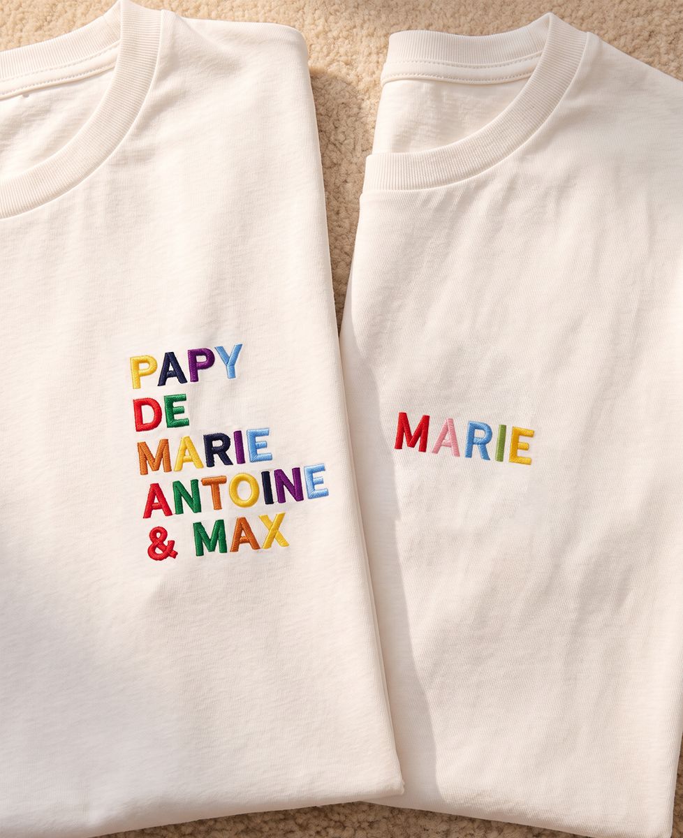 Coffret Duo T-shirts Papy de /Enfant prénoms multicolores brodé - Cadeaux Papa, Cadeaux Papy