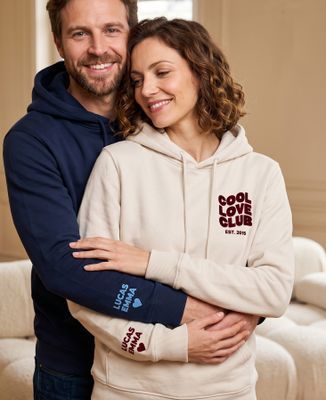Men's hoodie "Cool Love" club and first names on the sleeve (velvet-like finish) - Couple gifts