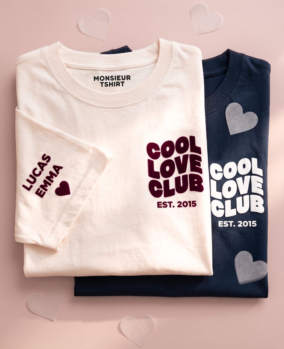 Box Duo-T-Shirts „Cool Love Club“ mit Vornamen auf dem Ärmel (Samtoptik) - Geschenke für Paare, Geschenke Paar Frau, Geschenke Paar Mann