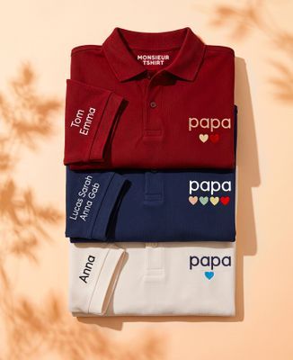 Polo homme Papa avec coeurs brodés par enfant et prénoms sur la manche - Cadeaux Papa
