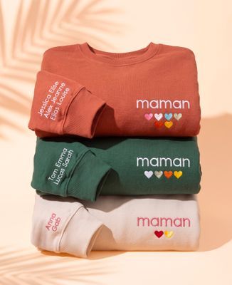 Sweatshirt femme Maman avec coeurs brodés par enfant et prénoms sur la manche - Cadeaux Maman
