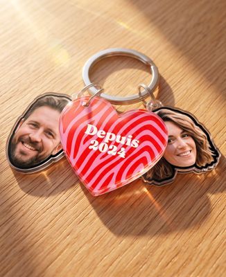 Porte-clés Coeur et deux visages personnalisés - Cadeaux Couple, Mariage, Cadeaux Couple Femme, Cadeaux Couple Homme