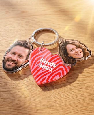 Sleutelhanger Hart en twee gepersonaliseerde gezichten - Geschenken voor koppels, Bruiloft, Cadeaus voor koppels, Cadeaus voor koppels