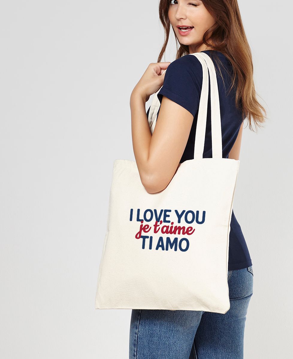 Tote bag I love you, je t'aime, ti amo