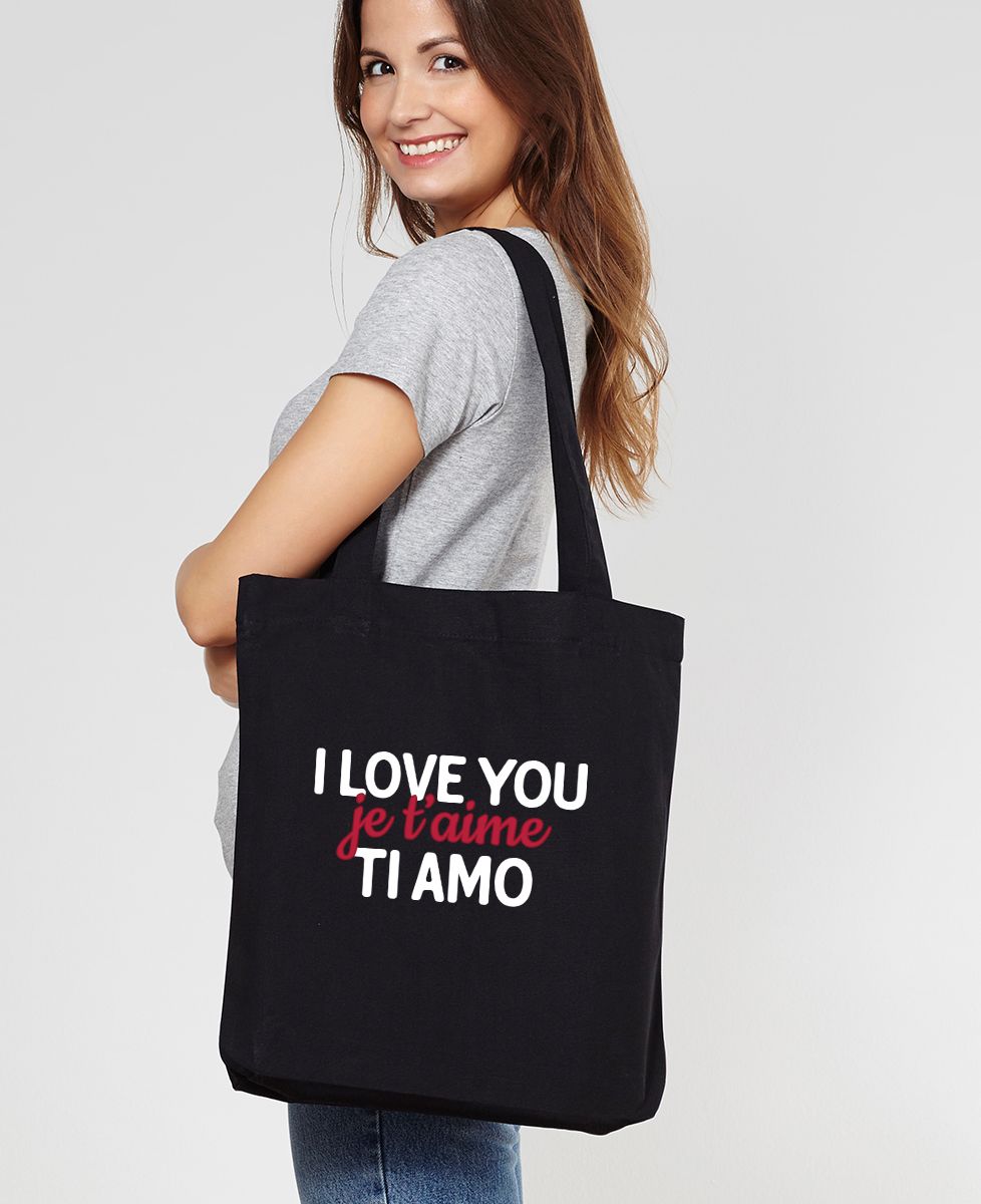 Tote bag I love you, je t'aime, ti amo